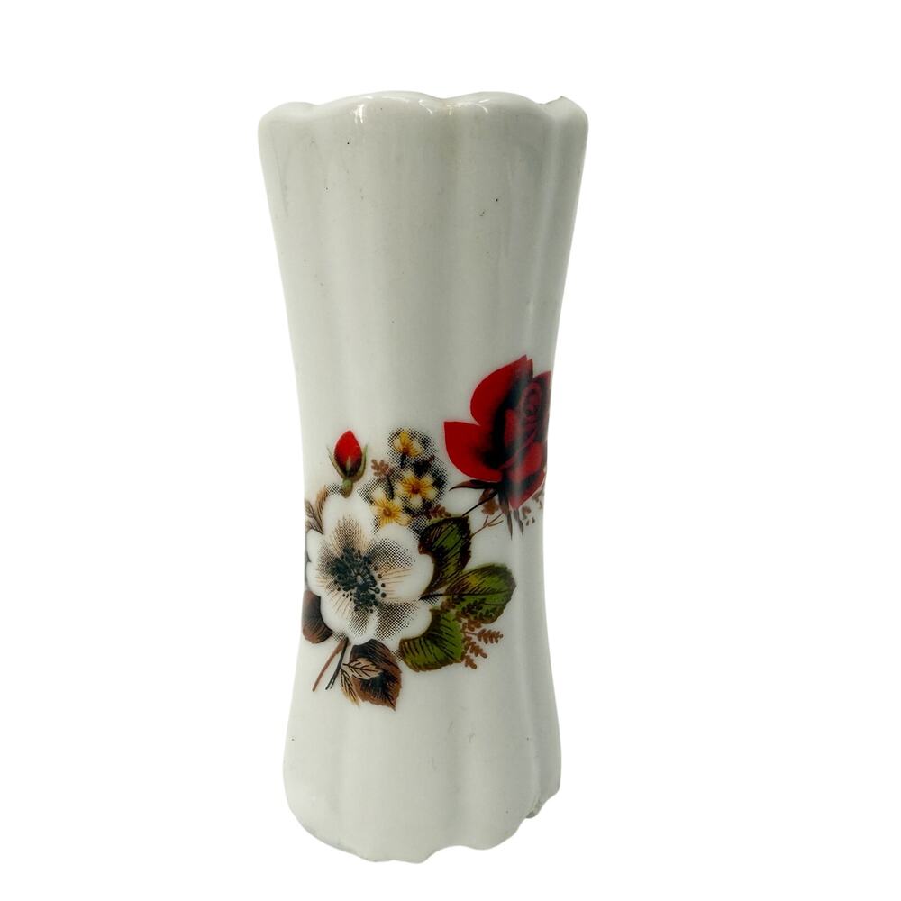 vintage miniature white flower Bud Vase red rose gold trim floral 2-7/8" tall